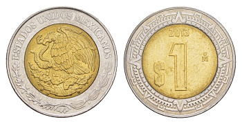 Мексика 1 песо 2013 Mo KM 603 биметалл UNC 4636-527