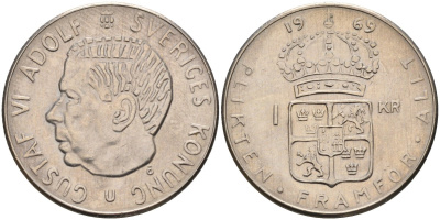 Швеция 1 крона 1969 Густав VI Адольф (1950-1973) KM 826а медь плакированная медно-никелем 4582-441