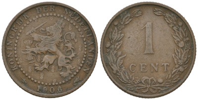 Нидерланды 1 цент 1906 Вильгельмина (1890-1948) KM 132 бронза 4154-1133