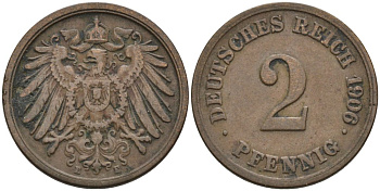 Германия 2 пфеннига 1906 Е KM 16, J. 11 медь 4567-1115