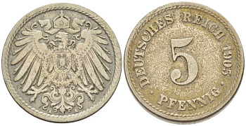 ГЕРМАНИЯ 5 ПФЕННИГОВ 1905 A KM 11, J. 12, Weege 6 медно-никель 206-942