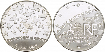 Франция 1 1/2 евро 2005 60 лет мира в Европе, голуби мира КМ 1441 серебро PROOF 01-161-41
