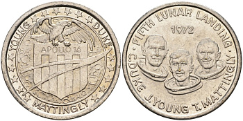 США жетон ND Аполлон 16, пятая высадка людей на Луну, C. Duke, J.Young, T.Mattingly, диаметр 26 мм. белый металл 4572-741