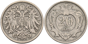 Австрия 20 геллеров 1892 Франц Иосиф I KM 2803 никель 4584-235