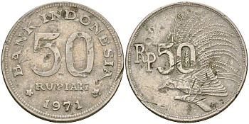 Индонезия 50 рупий 1971 райская птица KM 35 медно-никель 4364-2832