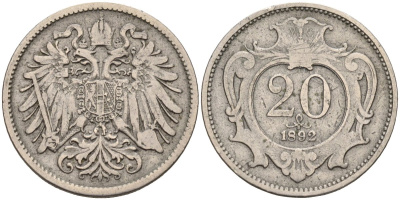 Австрия 20 геллеров 1892 Франц Иосиф I KM 2803 никель 4584-235