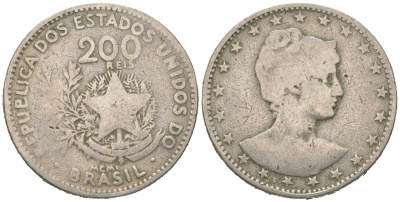 Бразилия 200 реалов 1901 MCMI, голова свободы вправо KM 504 медно-никель 4612-227