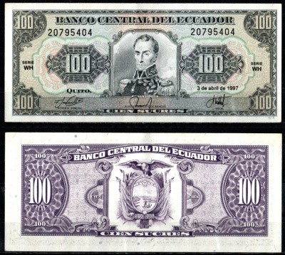 Эквадор 100 сукре 1997 Pick 123 Ad бумага 7547-79-4-2