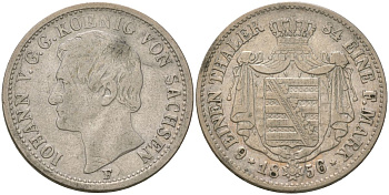 Саксония 1/6 талера 1856 F, Иоганн I (1854-1873) KM 1186, AKS 141 серебро 4584-1114