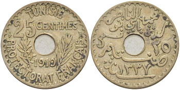 Тунис 25 сантимов 1919 АН1337, Мухаммад V ан-Насир, французский протекторат KM 244 никель бронза 4523-733