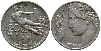 Италия 20 чентезимо 1912 R, Виктор Эммануил III (1900-1946) KM 44 никель 4622-331