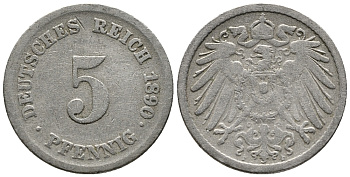 ГЕРМАНИЯ 5 ПФЕННИГОВ 1890 F KM 11, J. 12 медно-никель 39-635