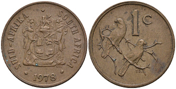 ЮАР 1 ЦЕНТ 1978 ГЕРБ, КАПСКИЕ ВОРОБЬИ KM 82 бронза 4588-1259