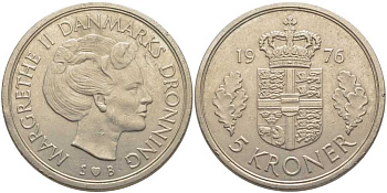 ДАНИЯ 5 КРОН 1976 S; B, МАРГРЕТЕ II (1972-) KM 863.1 медно-никель 107-414