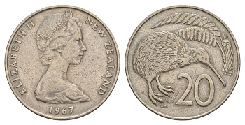 Новая Зеландия 20 центов 1967 Елизавета II (1952-2022), птичка киви KM 36.1 медно-никель 4182-651
