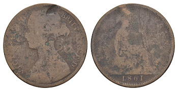 Великобритания 1 пенни 1861 Виктория (1837-1901) KM 749.2, Spink 3954 бронза 4642-436