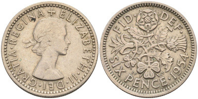 Великобритания 6 пенсов 1954 Елизавета II (1952-2022) KM 903, Spink 4149 медно-никель 4115-727