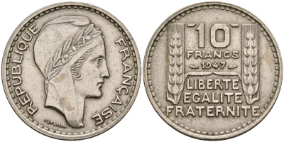 Франция 10 франков 1947  KM 909.1 медно-никель    4153-455