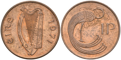 Ирландия 1 пенни 1971 мифологическая птица лира KM 20 бронза UNC 4582-126