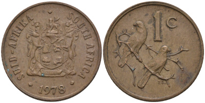 ЮАР 1 ЦЕНТ 1978 ГЕРБ, КАПСКИЕ ВОРОБЬИ KM 82 бронза 4588-1259