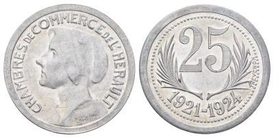 Франция, Эро жетон торговой палаты в 25 сантимов 1924 диаметр 27 мм, вес 2 гр Elie mon 15.9 алюминий UNC 4126-1237