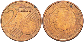 БЕЛЬГИЯ 2 ЕВРОЦЕНТА 2000 АЛЬБЕРТ II KM 225 сталь плакированная медью 46-246