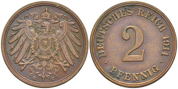 ГЕРМАНИЯ 2 ПФЕННИГА 1911 E KM 16, J. 11, Weege 4 медь 206-562
