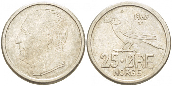 Норвегия 25 эре 1967 Улаф V (1958-1991), синица KM 407 медно-никель 3955-255
