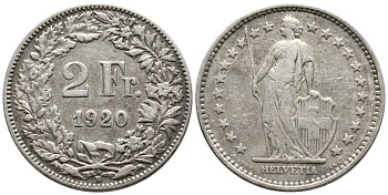 Швейцария 2 франка 1920 В KM 21 серебро 4379-1213
