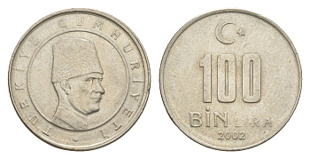 Турция 100000 лир 2002 Мустафа Кемаль Ататюрк KM 1106 медь цинк никель 4649-529