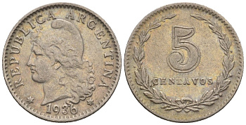 Аргентина 5 сентаво 1936 голова свободы влево KM 34, CJ 166, Schon 37 медно-никель    4609-1128