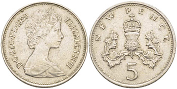Великобритания 5 пенсов 1980 Елизавета II (1952-2022) KM 911, Spink 4233 (D1) медно-никель 217-944