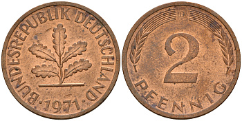 ФРГ 2 пфеннига 1971 D J.381a, KM 106a сталь плакированная медью    4598-764