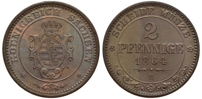 Саксония 2 пфеннига 1864 В, Иоганн (1854-1873) KM 1217, Jaeger 121, AKS 155 медь UNC 44-1222