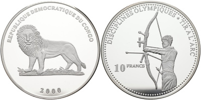 Конго 10 франков 2000 олимпийские дисциплины, стрельба из лука KM 51 серебро PROOF 04-319-11