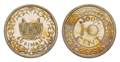 Суринам 10 центов 2007 тираж 1000 экземпляров KM 13a медно-никель BU 4649-1017