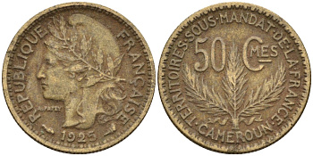 Французский Камерун 50 сантимов 1925 (а), монетный двор Париж KM 1 алюминиевая бронза 4164-1212