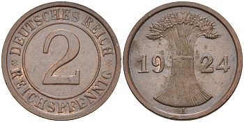 Германия 2 рейхспфеннига 1924 A KM 38, J.314, Weege 4 медь 4584-627