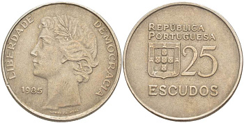 Португалия 25 эскудо 1985 KM 607а медно-никель 4521-1236