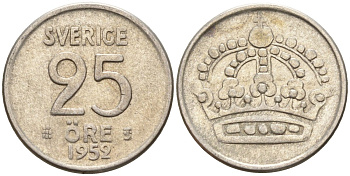 Швеция 25 эре 1952 TS, Густав VI Адольф (1950-1973) KM 824 серебро 4147-1028