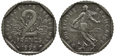 Франция 2 франка 1998 сеятель, тираж 45025013 экземпляров KM 942.1 никель 3855-846