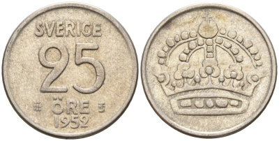 Швеция 25 эре 1952 TS, Густав VI Адольф (1950-1973) KM 824 серебро 4147-1028