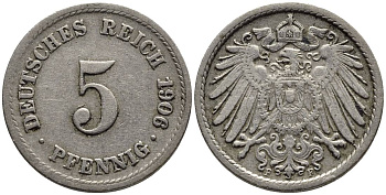 ГЕРМАНИЯ 5 ПФЕННИГОВ 1906 F KM 11, Jager 12, Weege 6 медно-никель 4547-453