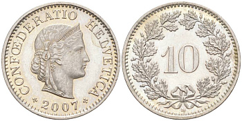 ШВЕЙЦАРИЯ 10 РАППЕНОВ 2007 В KM 27 медно-никель 55-547