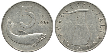 ИТАЛИЯ 5 ЛИР 1954 R, РУЛЬ , ДЕЛЬФИН KM 92 алюминий 4182-117