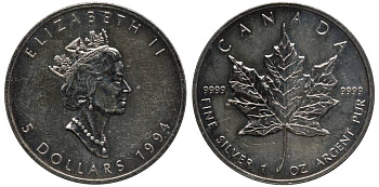 Канада 5 долларов 1994 кленовый лист KM 187 серебро UNC 1091-1-23