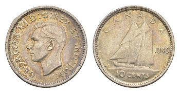 Канада 10 центов 1943 Георг VI (1936-1952), парусник KM 34 серебро PROOF-LIKE (BU) 4630-959