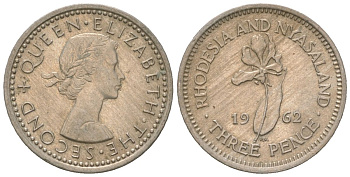 Родезия и Ньясаленд 3 пенса 1962 Елизавета II (1952-2022) KM 3 медно-никель UNC 4617-128