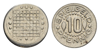Германия игровой жетон в 10 пфеннигов ND разновидность - Шахматная доска с точками, вес 1,3 гр, диаметр 17 мм алюминий UNC 4387-134