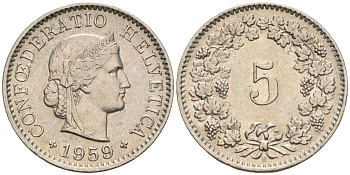 Швейцария 5 раппенов 1959 B KM 26 медно-никель 4608-447
